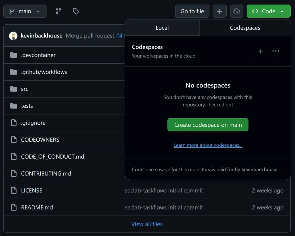 Screenshot of starting a new codespace from the seclab-taskflows repo.