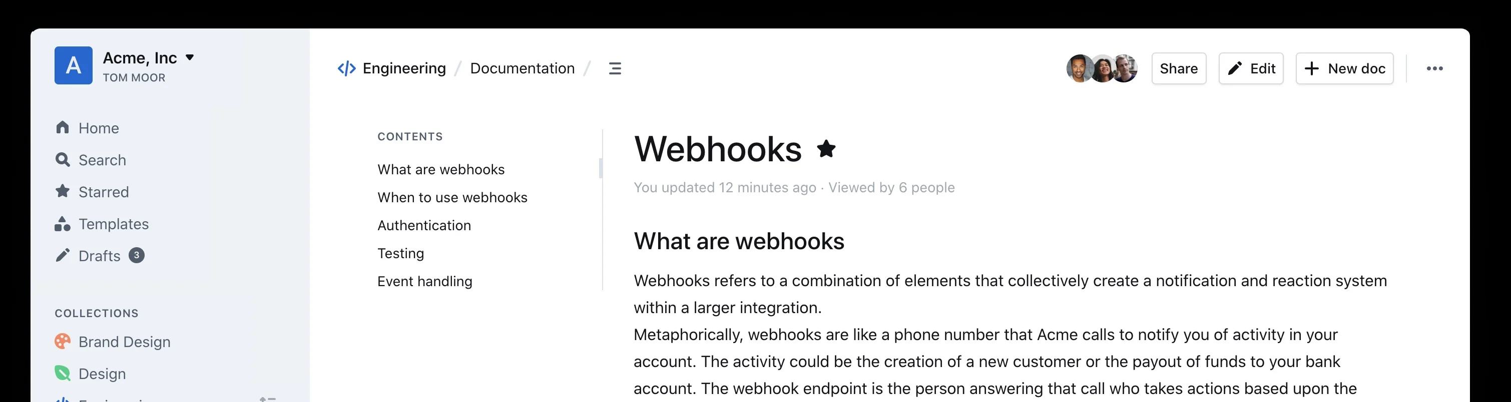 Screenshot showing an opened document in Outline. Outline is a collaborative web application.