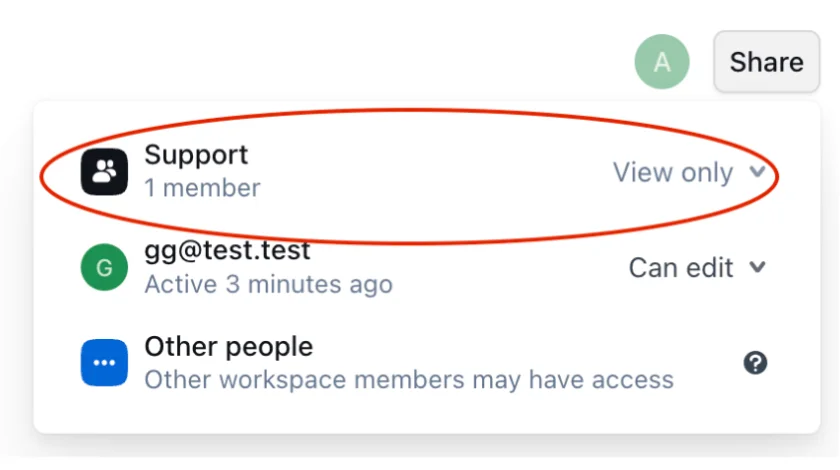 A screenshot of the share/document permissions functionality in Outline. The group “Support” was added by the “gg@test.test” user without having enough permissions for that action.
