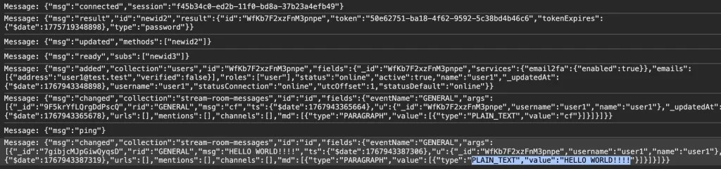The proof of concept code connected to the DDP streamer endpoint received “HELLO WORLD!!!” in the general channel.