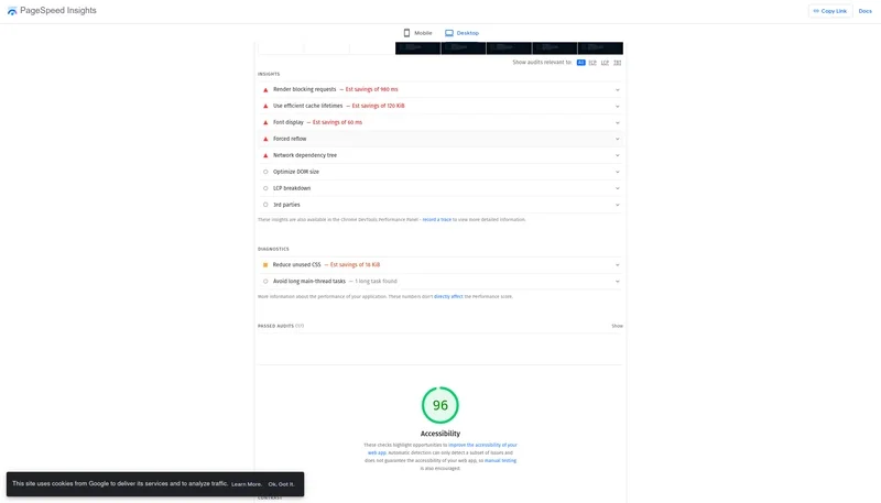 Render-blocking and cache diagnostics