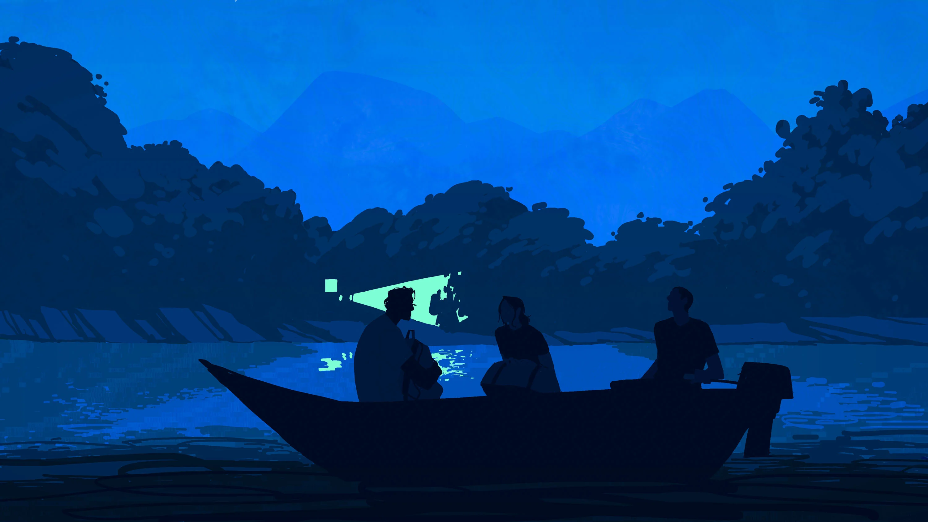 three silhouetted people in a boat crossing the water in the dark toward a beam of light