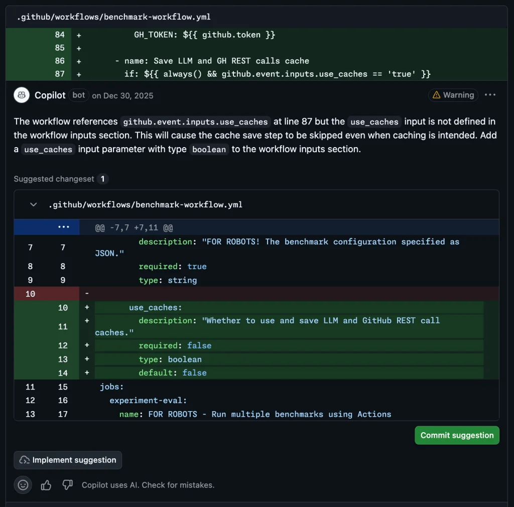 Copilot code review comment on a GitHub Actions workflow identifying a missing use_caches input parameter and suggesting a code change to add the boolean input to the workflow configuration.
