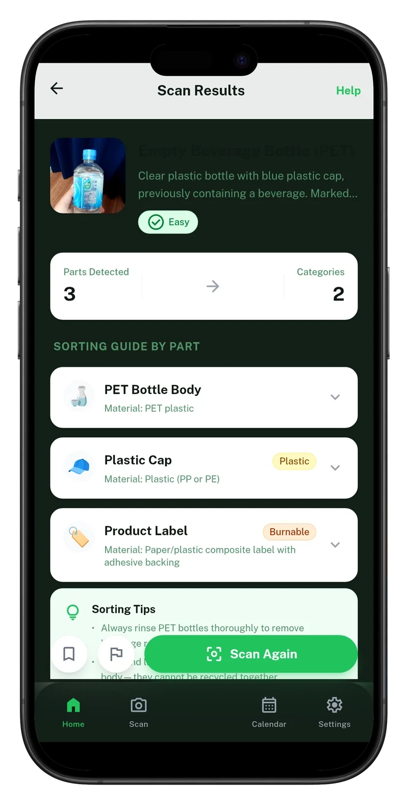 Gomi Bunrui scan result showing a PET bottle decomposed into 3 parts: PET Bottle Body, Plastic Cap (tagged Plastic), and Product Label (tagged Burnable)
