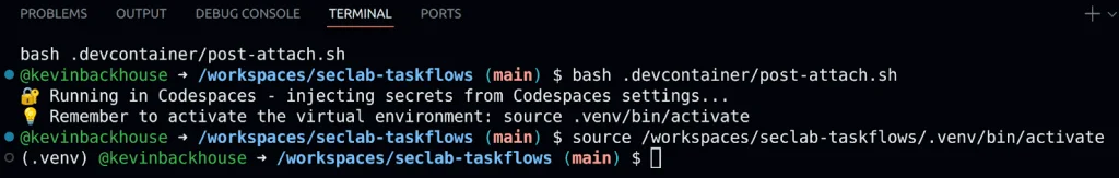 Screenshot of the terminal window in the newly started codespace, showing the (.venv) prompt.